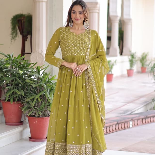 Olive Green with Gold Anarkali Suit