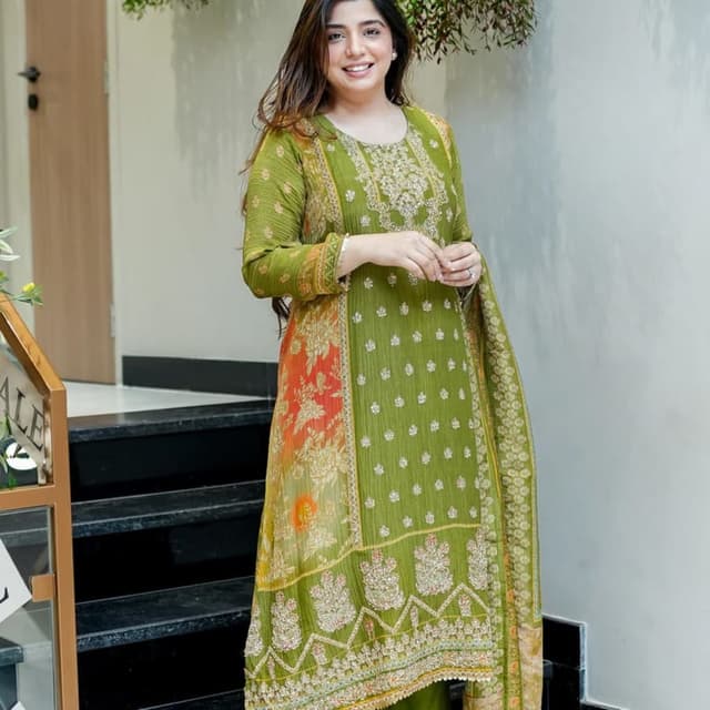 Green, Orange, Gold Salwar Kameez