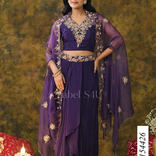 Purple with Multicolored Embroidery Lehenga Choli with Cape