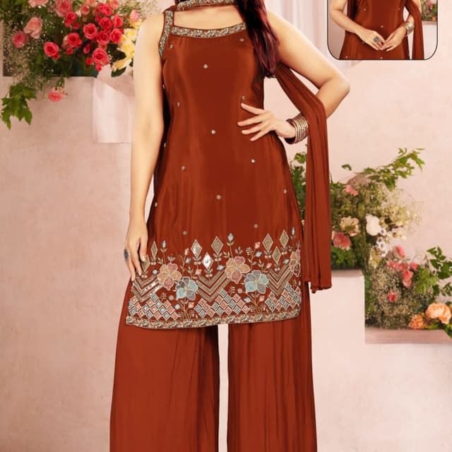 Brown, with accents of gold, blue, and pastel colors Palazzo Suit