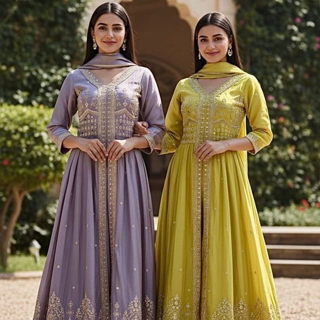 Lavender and Yellow-Green Anarkali Suit
