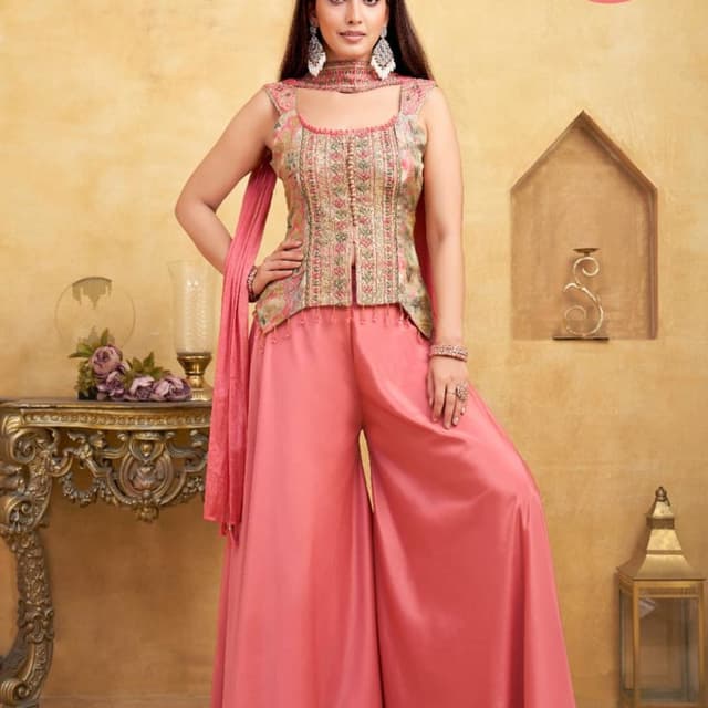 Pink, Beige, Green Palazzo Suit