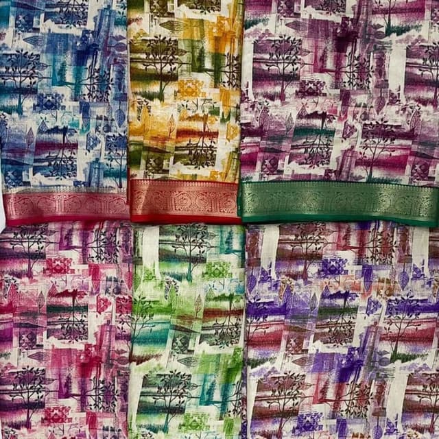 Various, including blue, green, yellow, purple, and pink, with a white base. Borders have contrasting colors like red and green. Saree