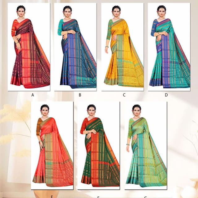 Various, including red, green, yellow, blue, and teal, often with contrasting colors in the blouse and main saree body. Saree
