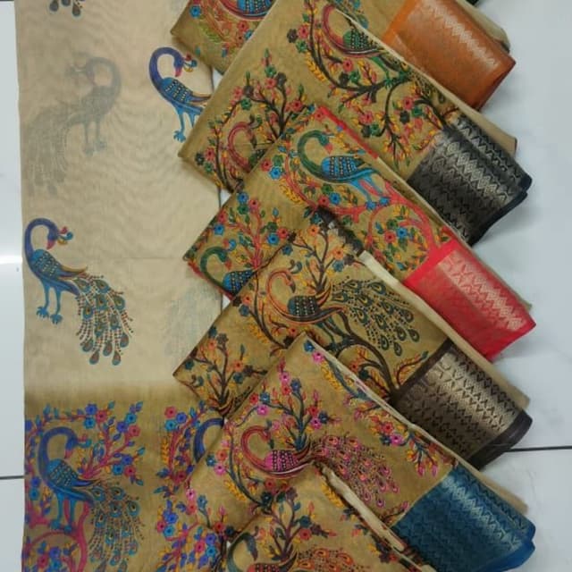 Beige, Brown, Teal, Pink, Red, Black, Gold Saree