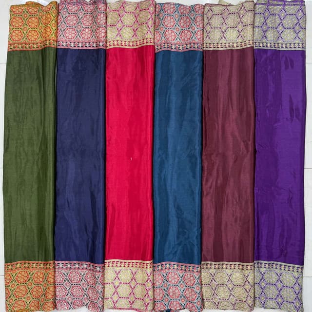 Olive green, navy blue, red, teal, burgundy, and purple with multicolored gold and red accents Saree