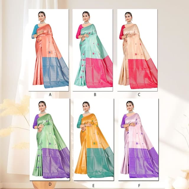 Various combinations including peach and blue, mint green and pink, beige and red, light green and purple, yellow and teal, light purple and purple Saree