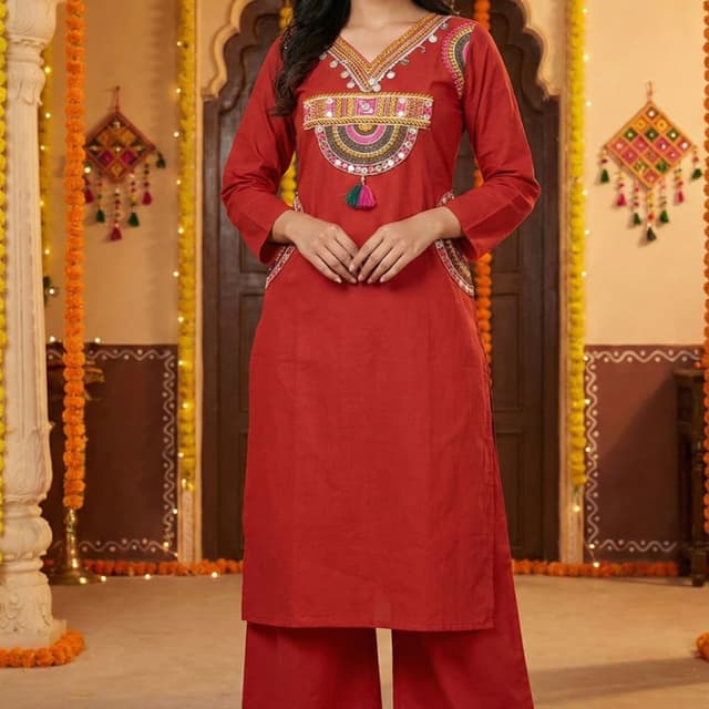 Red, with accents of gold, pink, green, and white Kurta with Palazzo Pants