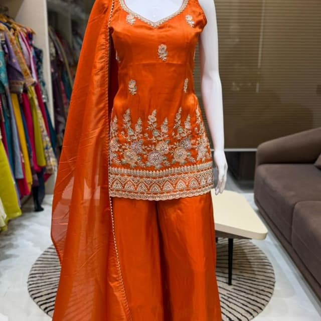 Orange, Silver, Green Sharara Suit