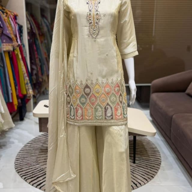 Ivory, with multicolor embroidery accents Sharara Suit