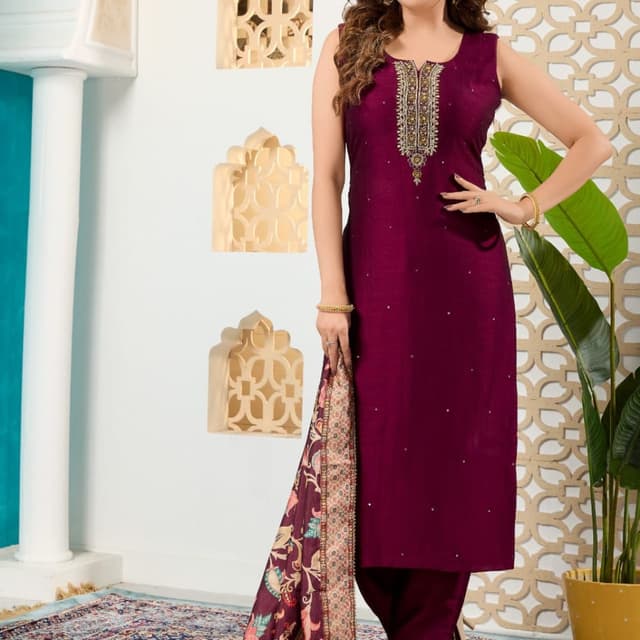 Burgundy, Beige, and Multi-color print Salwar Kameez