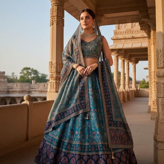 Teal, Navy Blue, and Burgundy Lehenga Choli