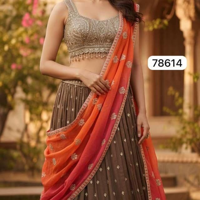 Brown, Gold, Orange, Pink Lehenga Choli