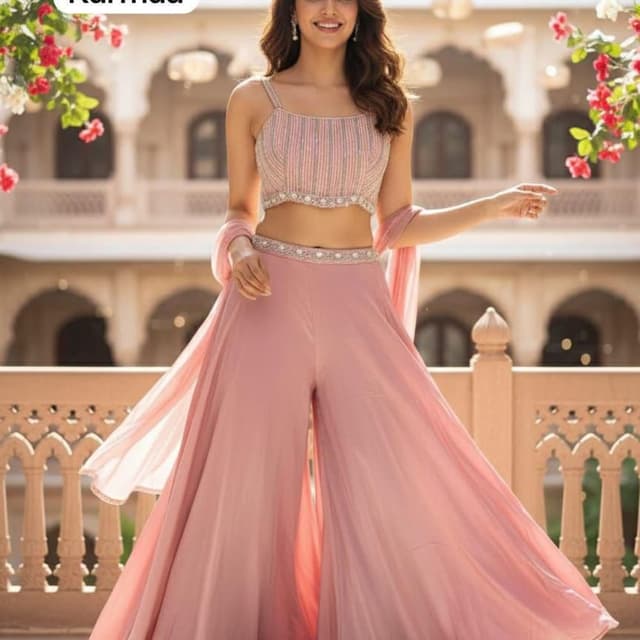 Pink, Silver Palazzo Pant Set with Crop Top and Dupatta