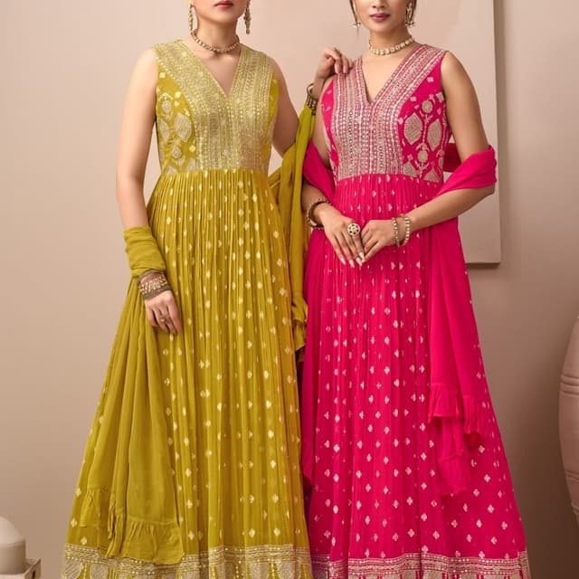 Mustard Yellow and Hot Pink Anarkali Dress