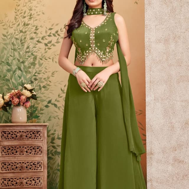 Olive Green, Gold Palazzo Suit