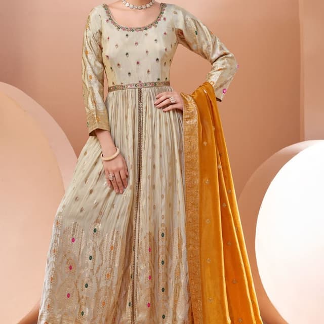 Ivory, Gold, Mustard Yellow, and hints of multicolor (pink, green, orange) Anarkali Dress with Dupatta