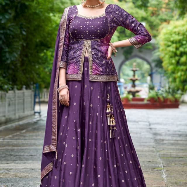 Purple, Gold Lehenga Choli