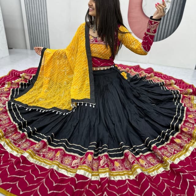 Black, Red, Yellow, and Gold Lehenga Choli with Dupatta