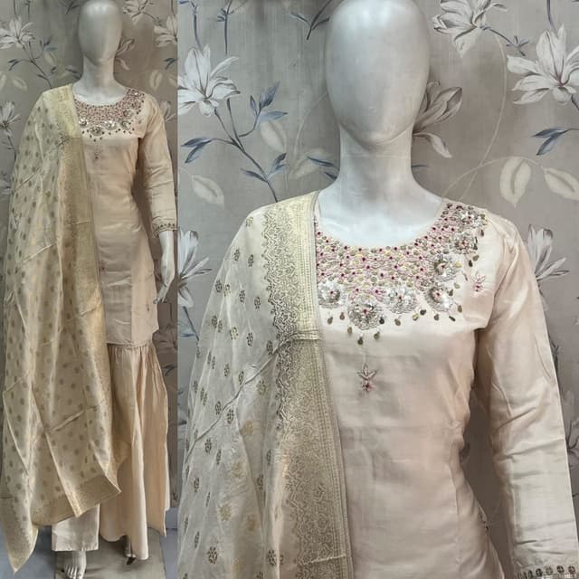 Ivory, Gold, and touches of Pink Sharara Suit with Dupatta