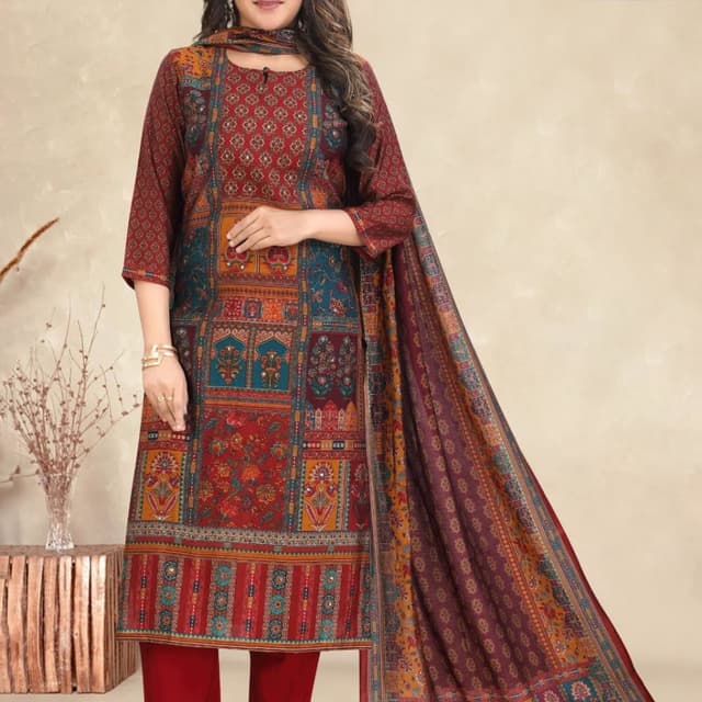 Maroon, Teal, Gold, and Orange Salwar Suit