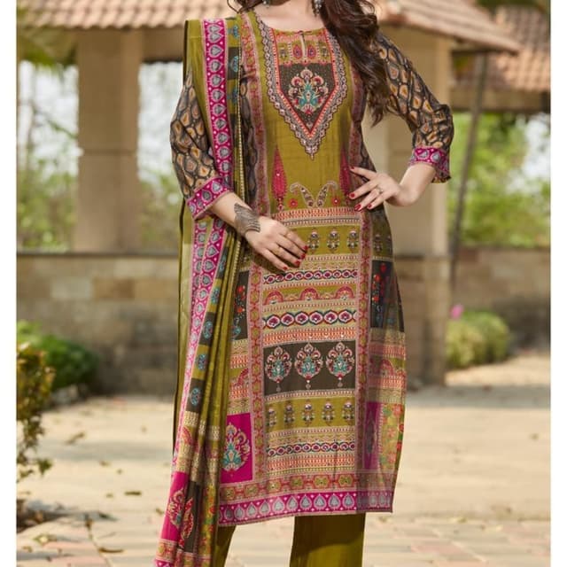 Olive green, brown, pink, and gold Salwar Kameez with Dupatta