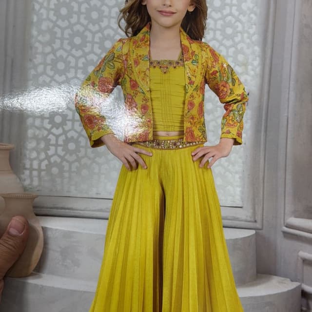 Mustard yellow, with floral accents in orange, red, and green Sharara Suit