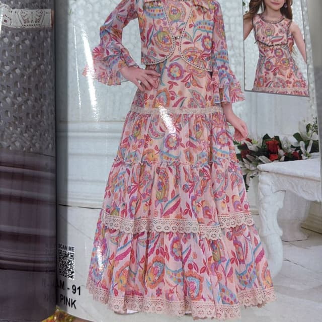 Pink, with accents of blue, yellow, and orange Dress with Jacket