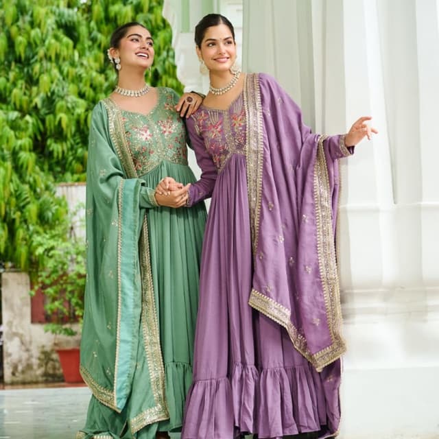 Green and Purple, with gold accents Anarkali Dress with Dupatta
