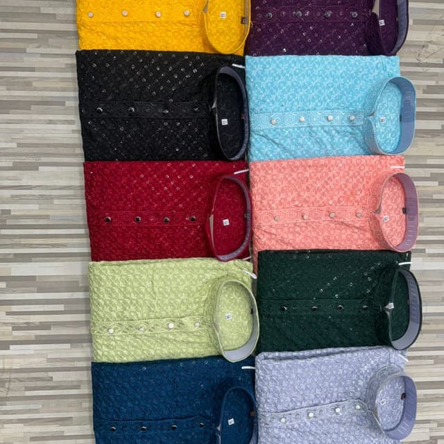 Variety of colors including yellow, black, red, light blue, peach, green, dark blue, and light purple Kurta