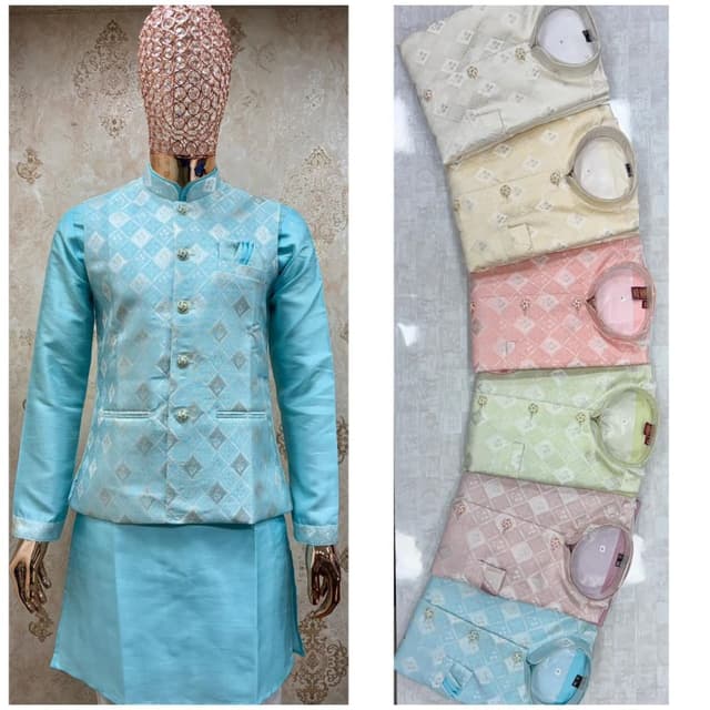Various pastel shades including light blue, cream, peach, green, and pink Kurta and Jacket Set