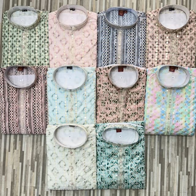 Various pastel shades including pink, blue, green, and neutral tones. Kurta