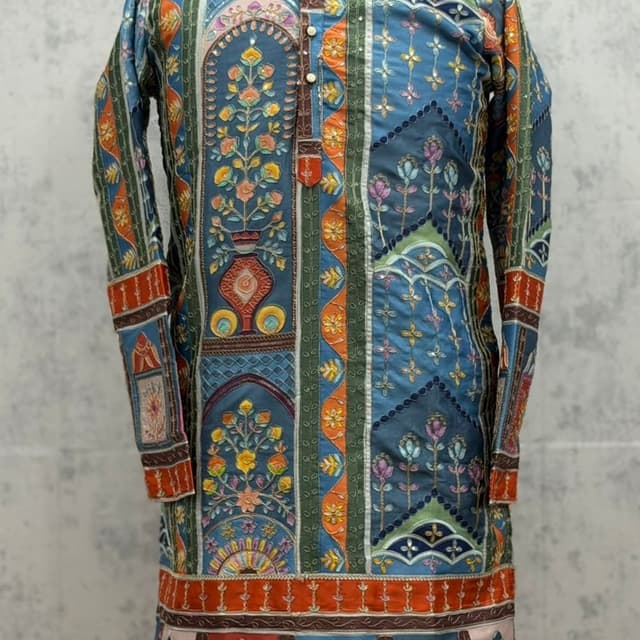 Blue, Orange, Green, and hints of Pink and Yellow Kurti/Tunic
