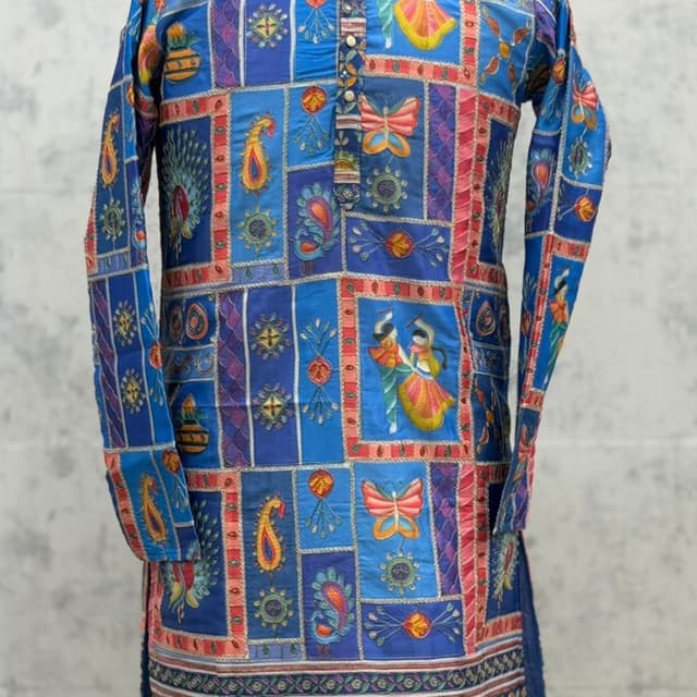 Dominantly blue with accents of red, orange, yellow, and purple Kurta