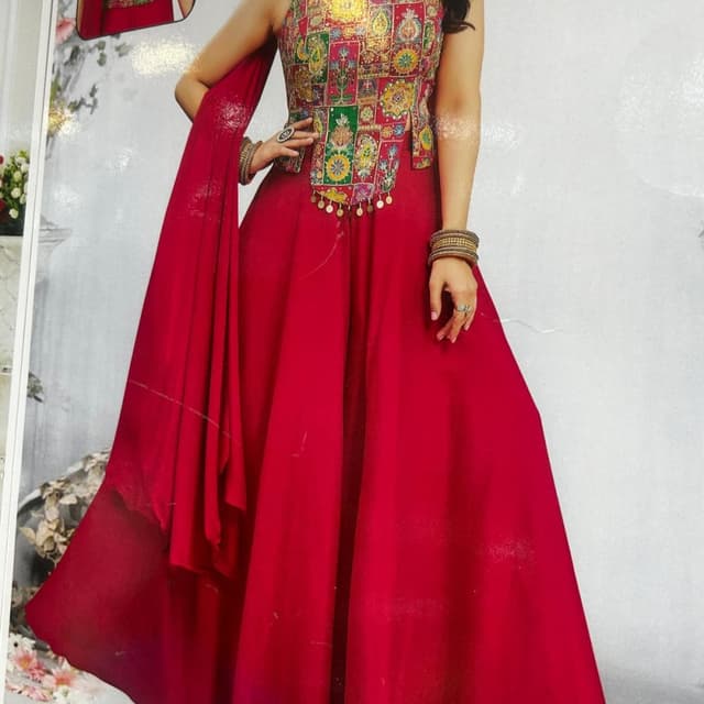 Red, Multi-colored (gold, green, yellow) Dress