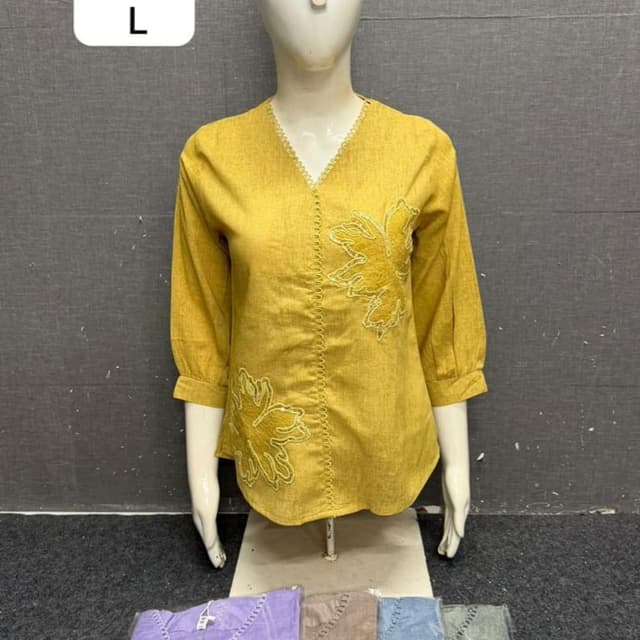 Mustard Yellow with cream and white accents Top
