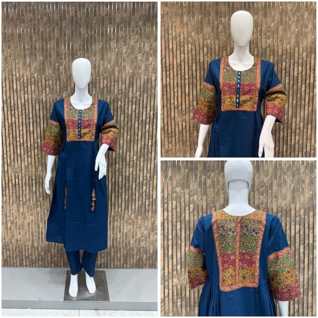 Navy Blue with multicolored embroidery Kurti with pants