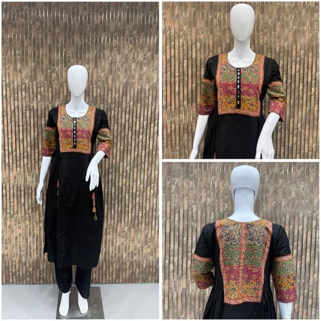 Black, with a multicolor embroidered yoke and sleeves featuring hues of red, green, yellow, and gold. Kurta with Pants