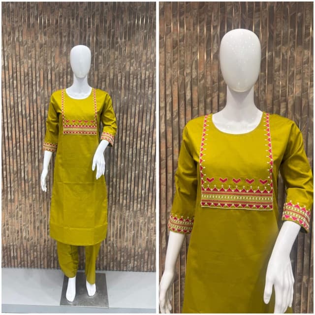 Olive green with pink and white accents Kurta with pants