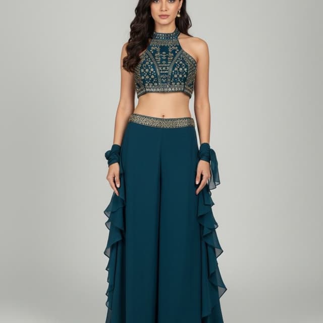 Teal and Gold Crop Top and Palazzo Set