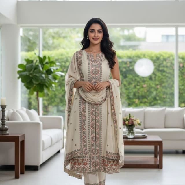 Ivory, with accents of red, green, and grey Salwar Kameez with Dupatta