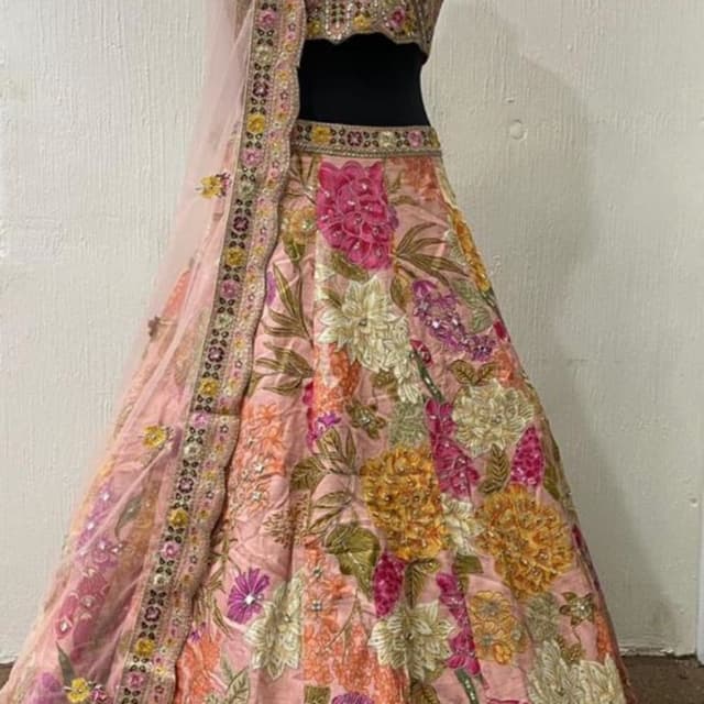 Peach, Pink, Yellow, Orange, Green, and hints of Purple Lehenga Choli