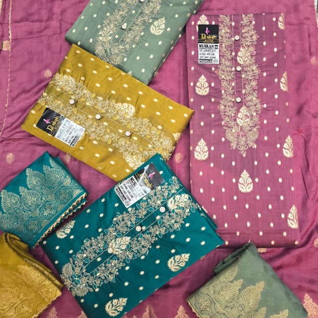 Various, including shades of green, yellow, and mauve with gold accents Salwar Kameez Suit