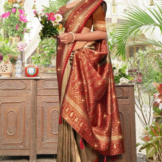 Red, Gold, Brown Saree