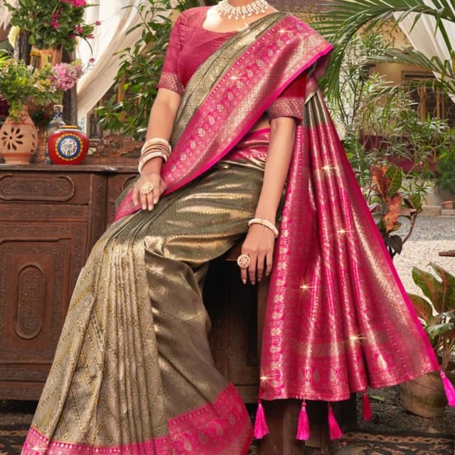 Gold, Pink, and Red Saree
