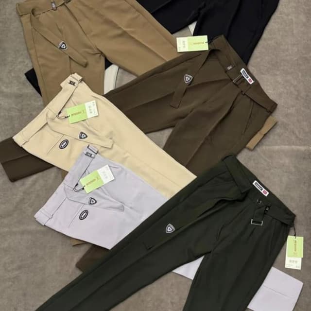 Various shades of beige, olive green, gray, and black. Trousers