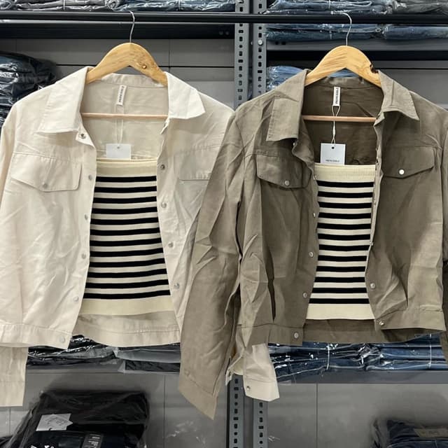 Beige and khaki jackets with black and white striped sweater. Jacket