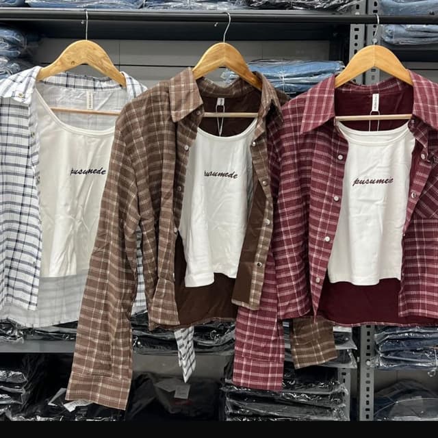 Various plaid patterns including brown, maroon, and blue with a white base. Shirt and T-Shirt set