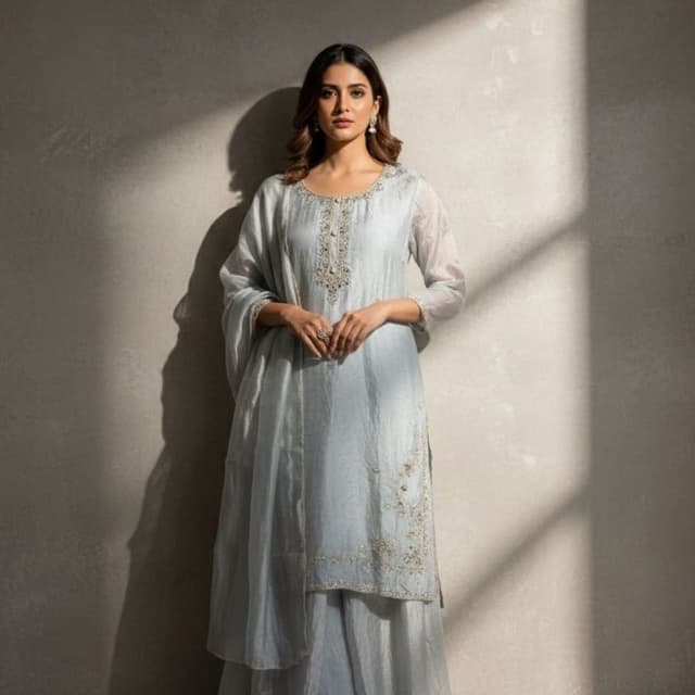 Pale Blue and Gold Sharara Suit