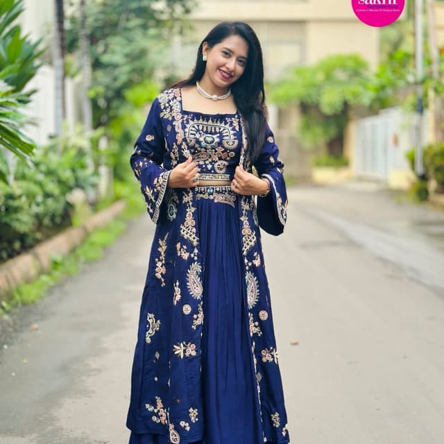 Navy Blue with multicolored embroidery Dress with Jacket